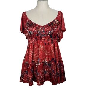 Free People Bohemian Red Short Sleeve Shirt S